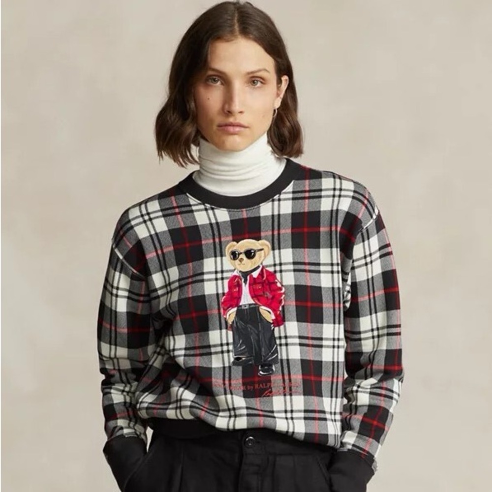 Polo by Ralph Lauren Black and Red Plaid Sweater with Bear Motif